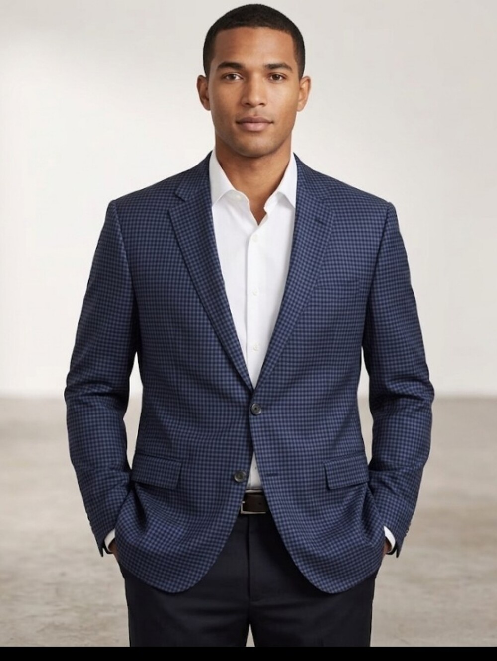 New J Hilburn Small Check Blazer L? Sport Coat Dark Blue 2 Button